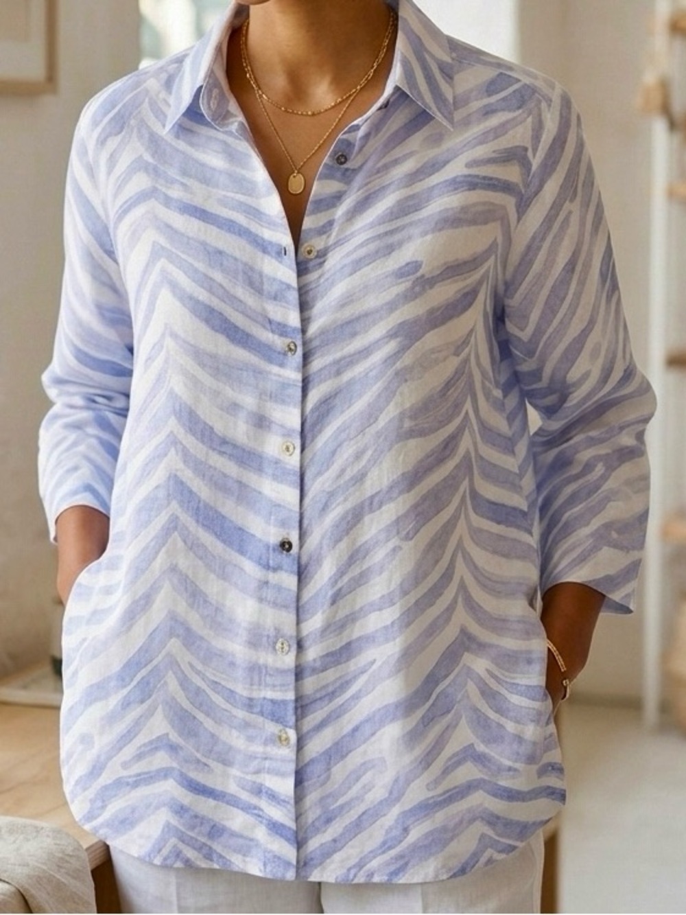 iLinen Pocketed Tunic Button-Up Shirt Linen Blue White Zebra Animal Print large